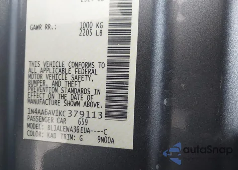 2019 Nissan Maxima 3.5 Sl z USA, uszkodzony, nr VIN 1N4AA6AV1KC379113